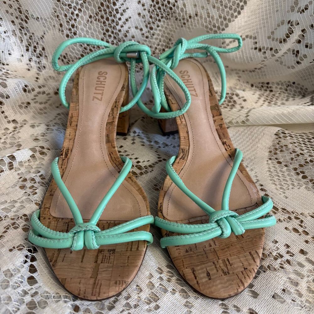 Schutz Suzy Women's US 9 B Cork Heel & Mint Green Strappy Mid Block Sandals
